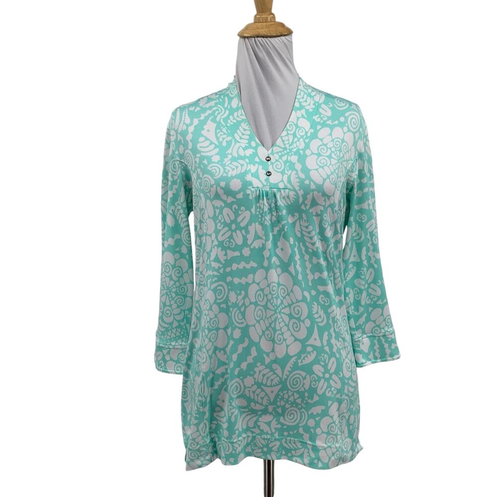 Sport Haley Top Womens S Small Seafoam White Pleated Floral Long Sleeve Golf